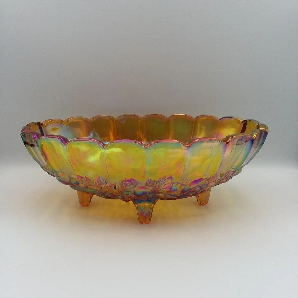 Vintage Iridescent Carnival Glass Bowl Oval Footed Harvest Grape Fruit ‎ 12x9